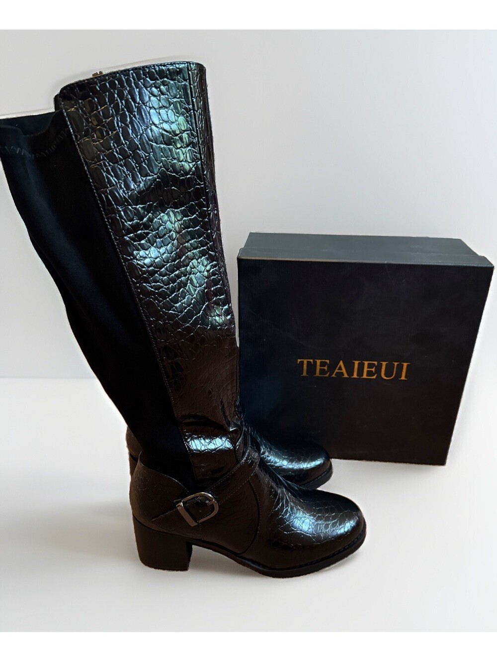 NIB Teaieui Black Knee High Stretchy Biker Boots Block Heel Ladies Size 6